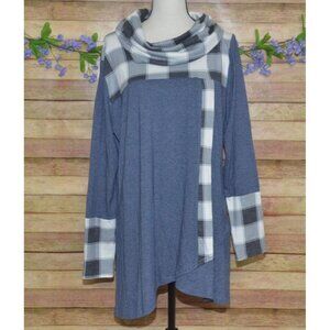Womens Blue Plaid Long Sleeve Cowl Neck Tunic Shirt Top Size XXL Career Stretch